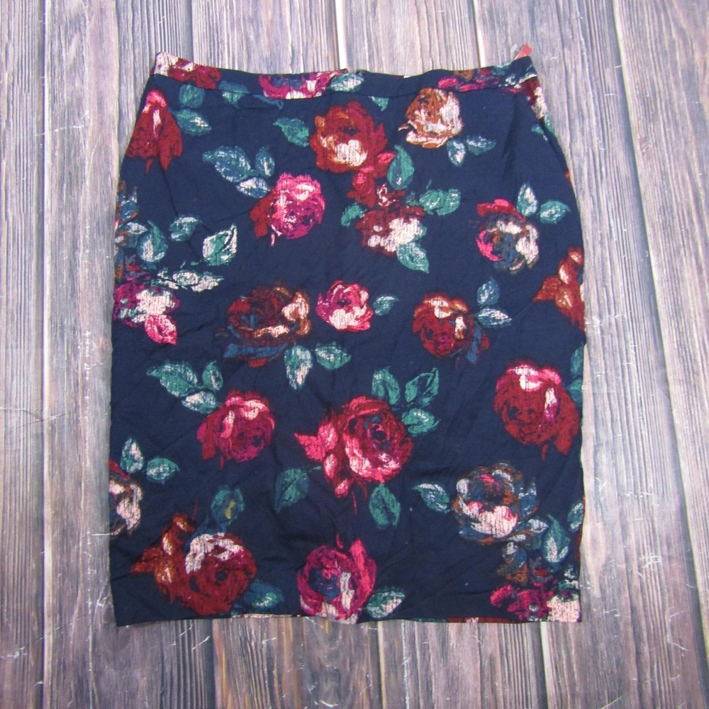 Merona Skirt Womens 14 Navy Multicolor Rose Floral Pencil Stretch Lined Cotton